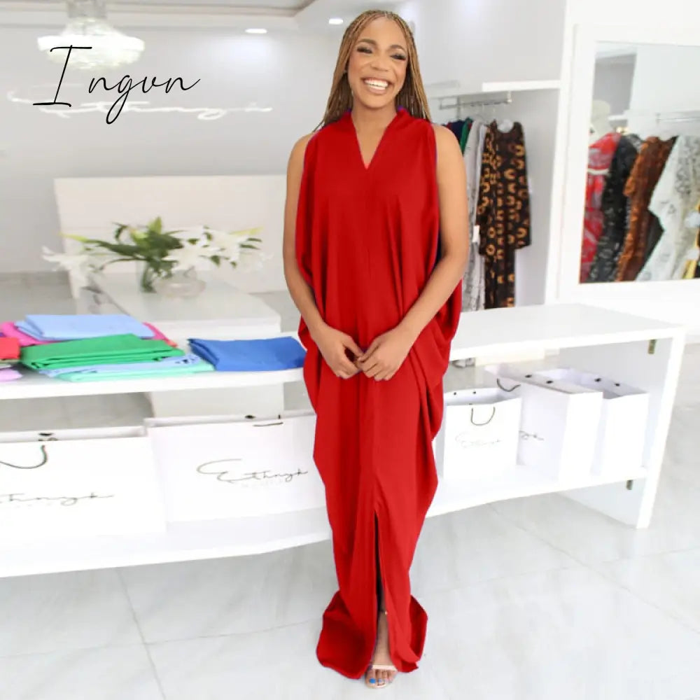 Ingvn - Casual Loose Long Vest Dress Baggy Oversized V Neck Solid Shirt Dress Loose Drapped Maxi Robes Women Basic Daily Beach Outfits