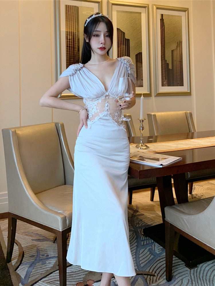 New Dresses High Waist Elegant Lady Vintage Chic Sexy Lace Petal Sleeve Women Summer Fashion Long Evening Dress