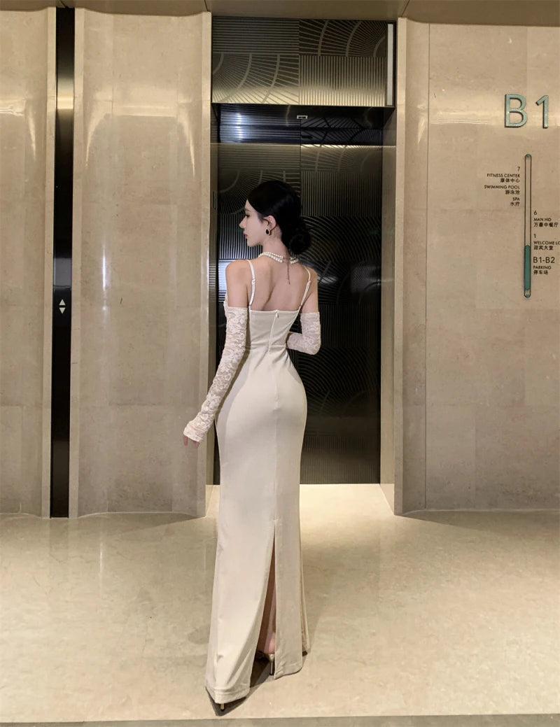 Vintage Sexy Hollow Out Bodycon Spaghetti Strap Long Dresses for Women Elegant Party Prom Velvet Female Clothing Holiday Robe