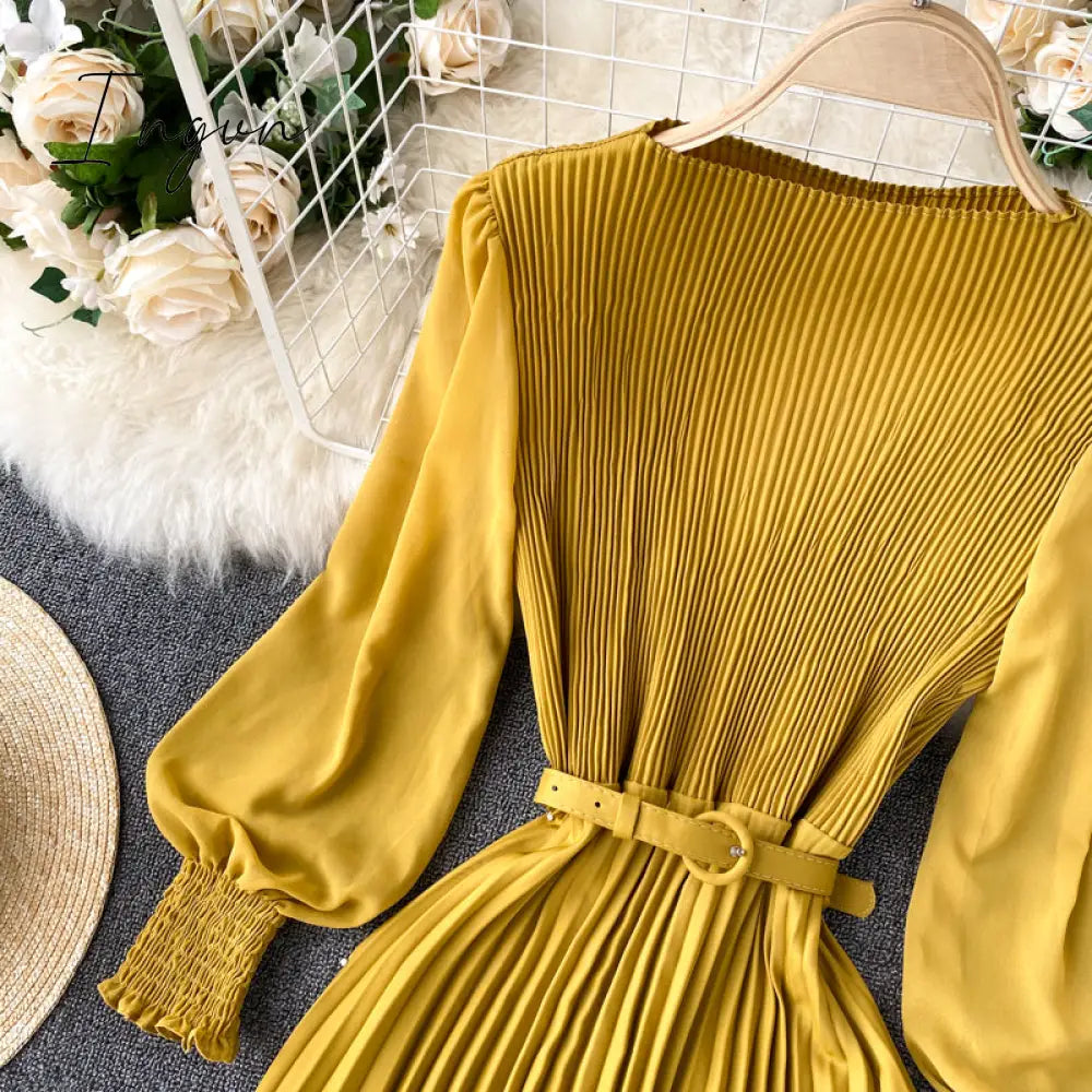 Ingvn - Vintage Women Pleated Long Dress Female Elegant Lantern Long Sleeve High Waist Red/Purple Draped Maxi Vestidos Spring Autumn New