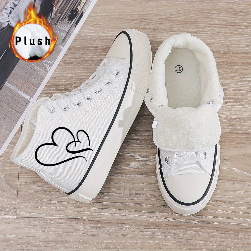 Ladies' Black and White Canvas Sneakers with Heart Design - Lightweight, Cartoon Print, All-Season, Random Print, Fabric Upper, Inner Liner, and Rubber Sole
