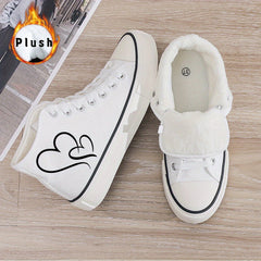 Ladies' Black and White Canvas Sneakers with Heart Design - Lightweight, Cartoon Print, All-Season, Random Print, Fabric Upper, Inner Liner, and Rubber Sole