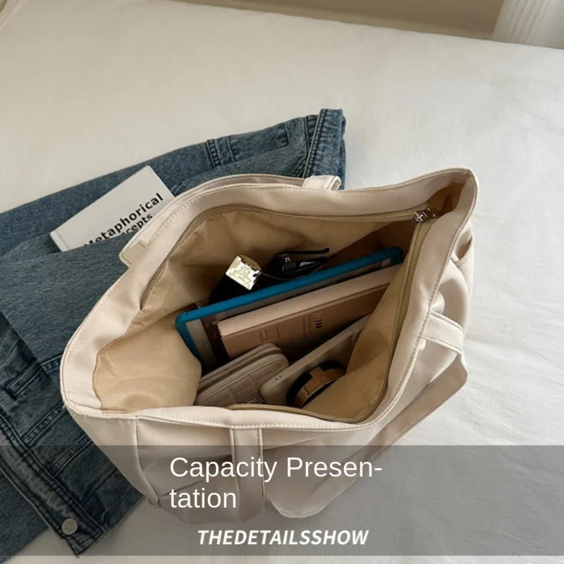 Ingvn  Casual Early Autumn Women Nylon Large Capacity Smooth Shoulder Bag Commuter Supple Solid Colour Ruched Outer Pocket Handle Bag