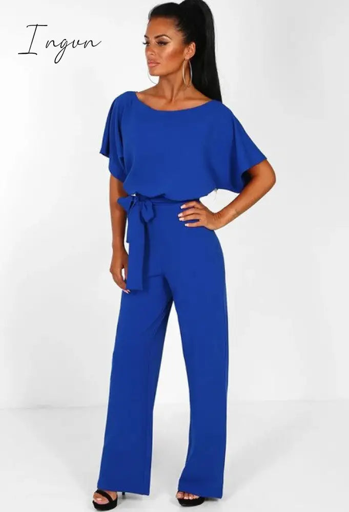 Ingvn - Women Summer Jumpsuit Short Sleeve Elegant jumpsuit Long wide leg Pants High waist Casual Bodysuit Plus Size Overalls Loose