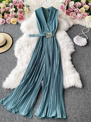 Ingvn - Vintage Notched Collar Draped Rompers For Women Casual Sleeveless High Waist Wide Leg Playsuits Female Beige/Green Jumpsuit