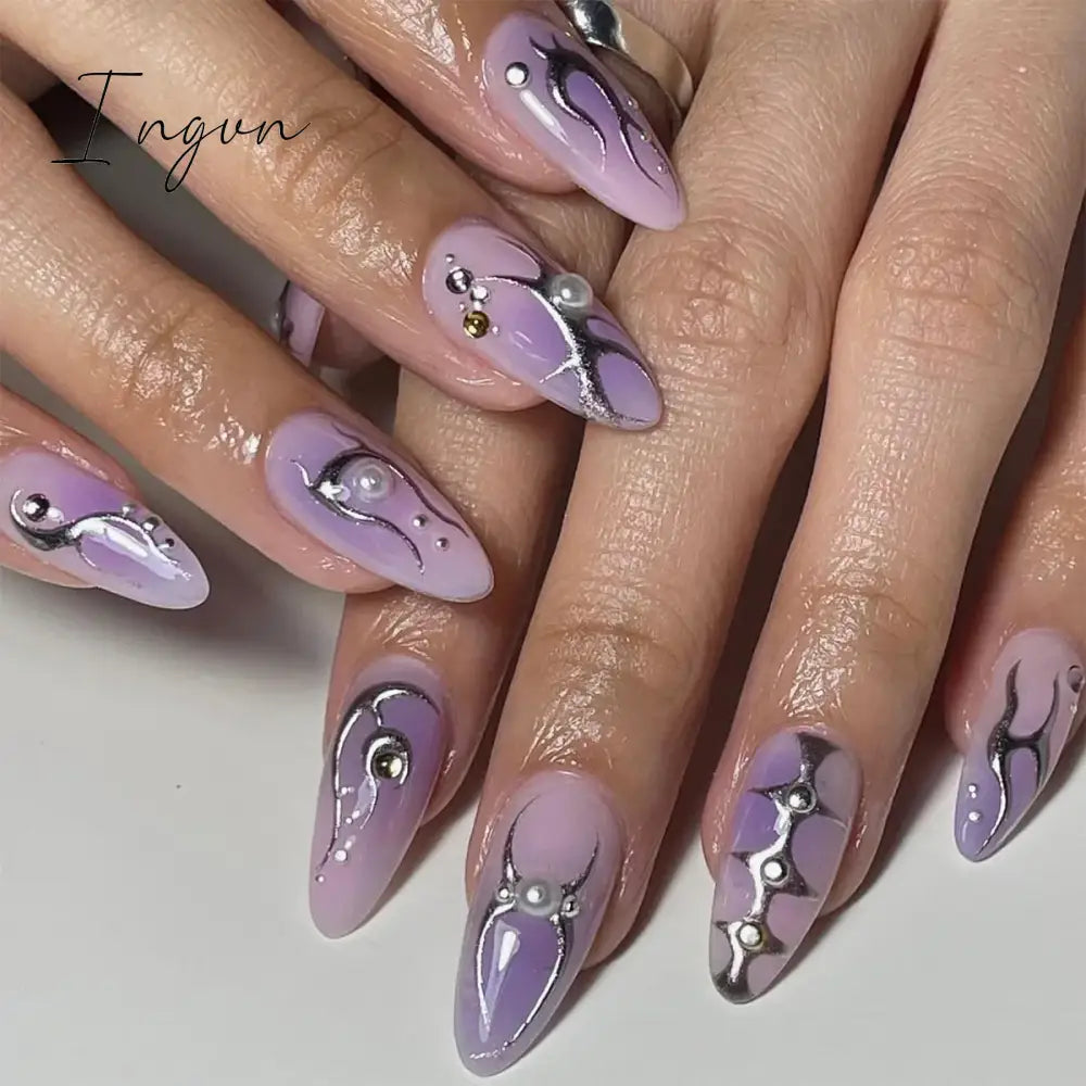 24Pcs Y2k Nails Set Press On False Nails Coffin Fake Nails with Charm Gradient Black Designs Reusable Artificial Nail Tips 2024