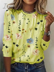 Ingvn - Women's T shirt Tee White Yellow Pink Floral Print Long Sleeve Holiday Weekend Basic Round Neck Regular Floral Painting