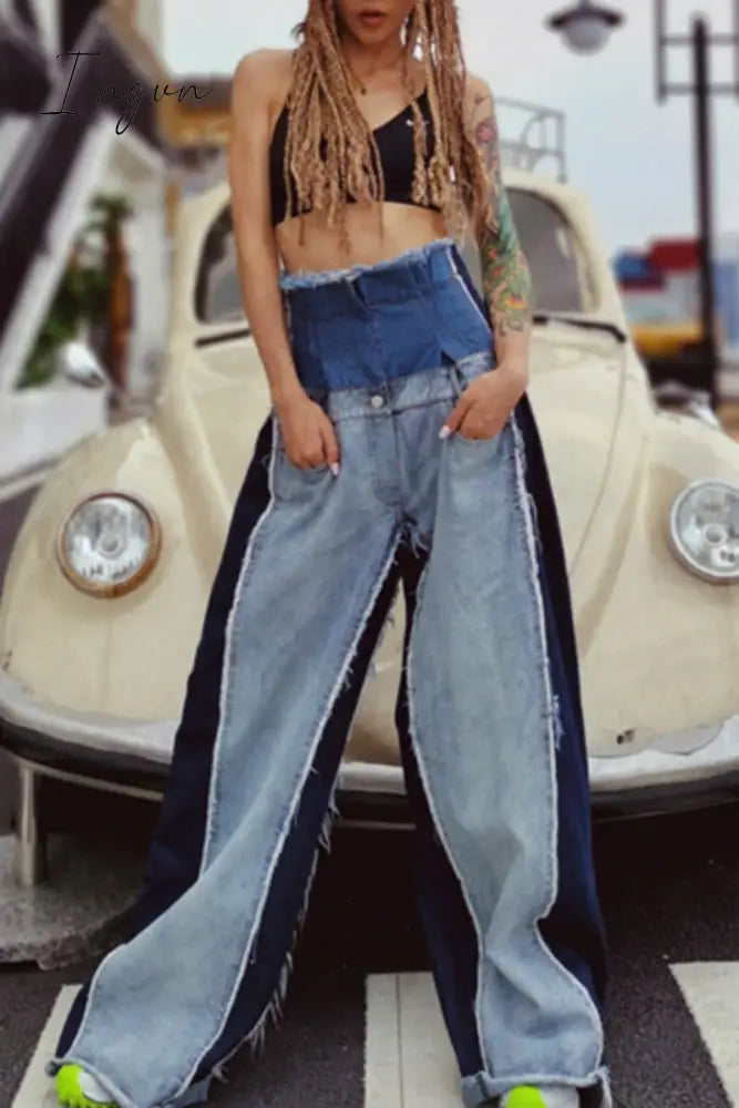 Ingvn - Casual Patchwork Contrast High Waist Denim Jeans