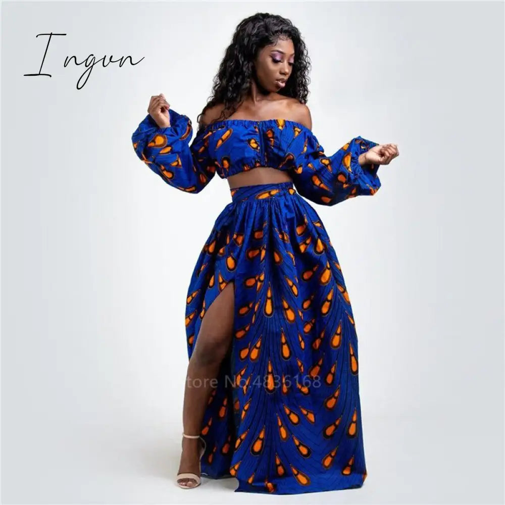 Ingvn - African Dresses for Women Autumn 2-piece Set Lady Full Sleeve Shoulder Off Festher Dashiki Print Split Skirts Africna Clothes