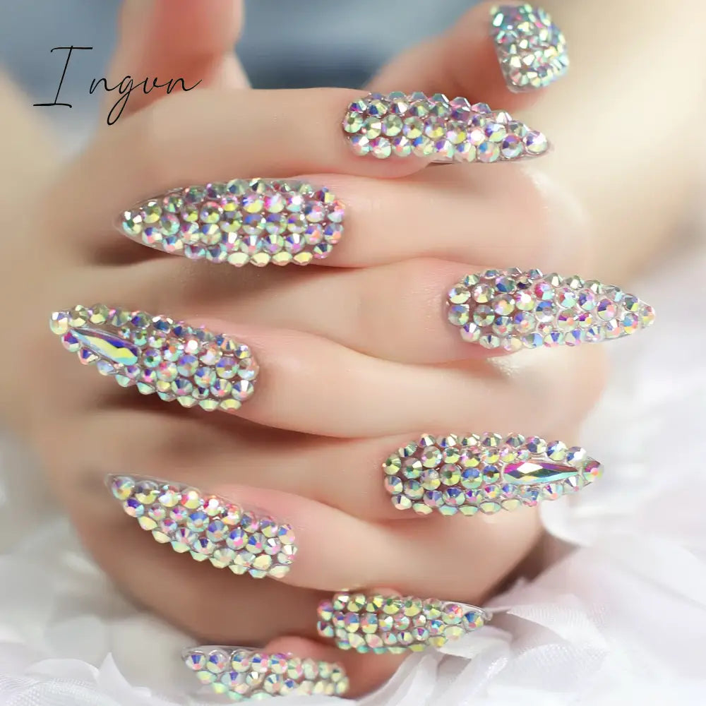 Extra Long Stiletto Press on False Nails Full Cover 3D Rhinestone Fake Nails Manicure Nail Art Tips Set for Wedding Party