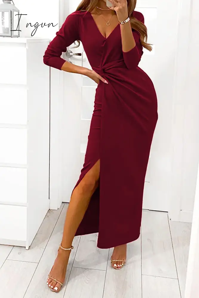 Ingvn - Elegant Solid Slit Fold V Neck Evening Dress Dresses(4 Colors)