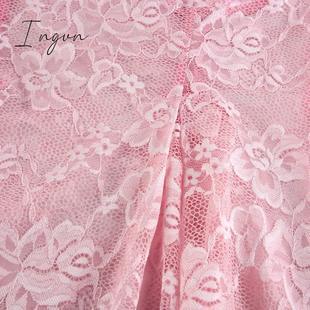Ingvn - Sweet Cute Lace Cami Dress See Through Sexy Slim Sleeveless Ruffles Bow A-Line Mini Dresses For Women Summer Spring Lady