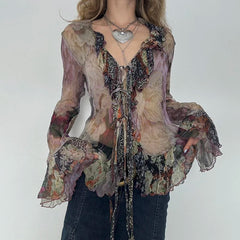 Vintage Transparent Crop Top with Slit 90s Mesh Print Ruffles Patchwork Full Sleeve Bandage Women T-shirt Grunge y2k Tees