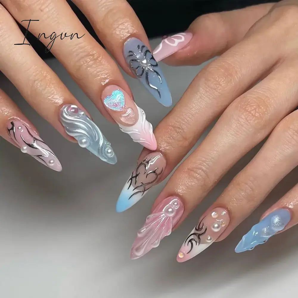 24pcs Long Almond Y2k Nails Press On Nails Pastoral Style False Nails With Designs Wearable Colorful Flowers Fake Nails Finished