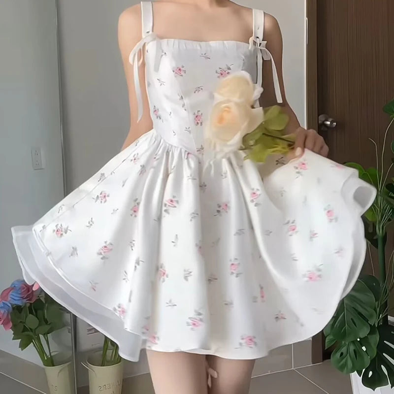 Sweet Girl Floral Print Princess Mini Dress Women Sexy Sleeveless Low Waist A-line Elegant Princess Dress Croset Tie Robe
