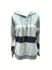 Long Sleeve Striped Drop Shoulder Hoodie - Soft Micro Elastic Polyester Fabric, Button Details, Machine Washable, Casual Style for Fall/Winter - Womens Clothing