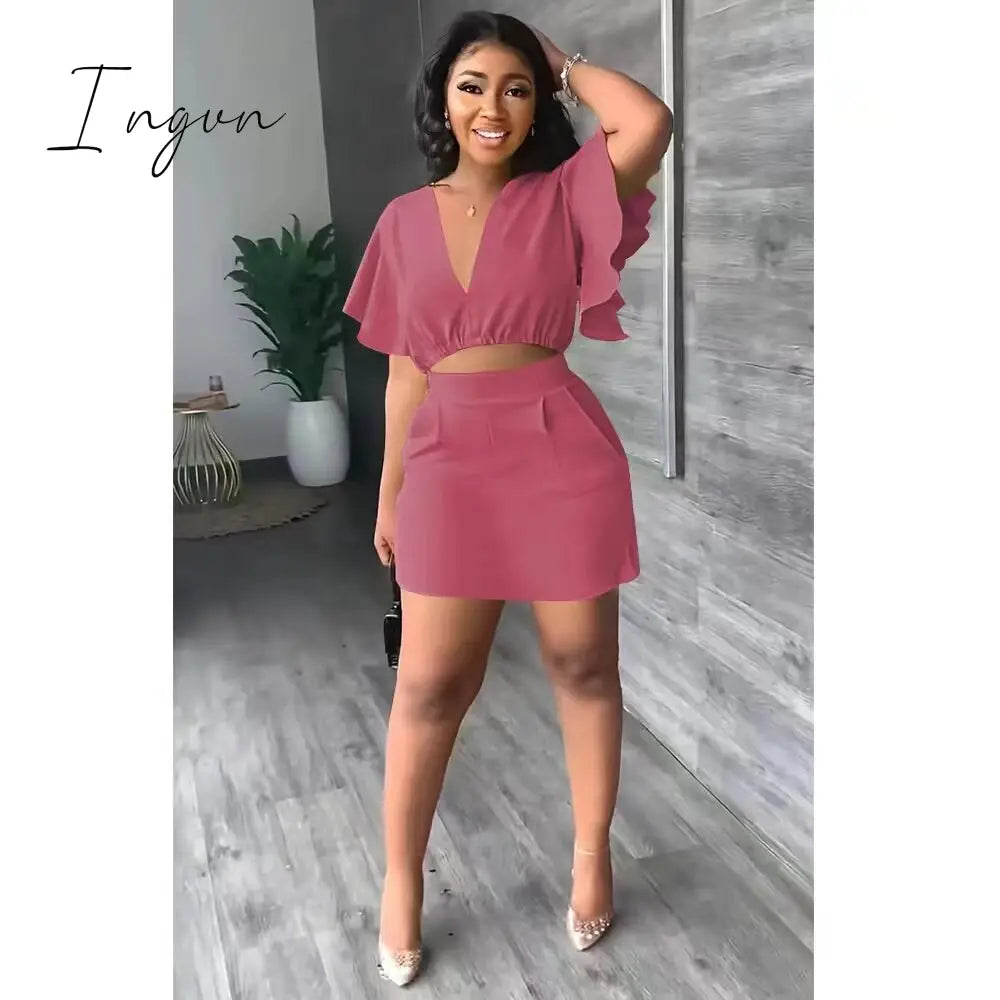 Ingvn - Summer 2 Pcs Suits Fashion V-neck Ruffle Sleeve Tshirt High Waist A-line Mini Skirt 2 Piece Suits Outifits for Women
