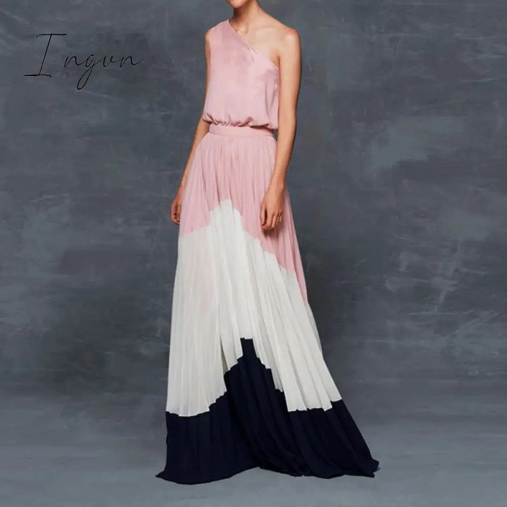 Ingvn - Summer Black Patchwork Inclined Off One Shoulder Women Dresses Contrast Color High Street Night Club Long Party Dress Clothing