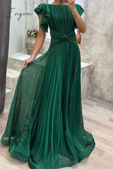 Ingvn - Elegant Solid Fold O Neck Waist Skirt Dresses