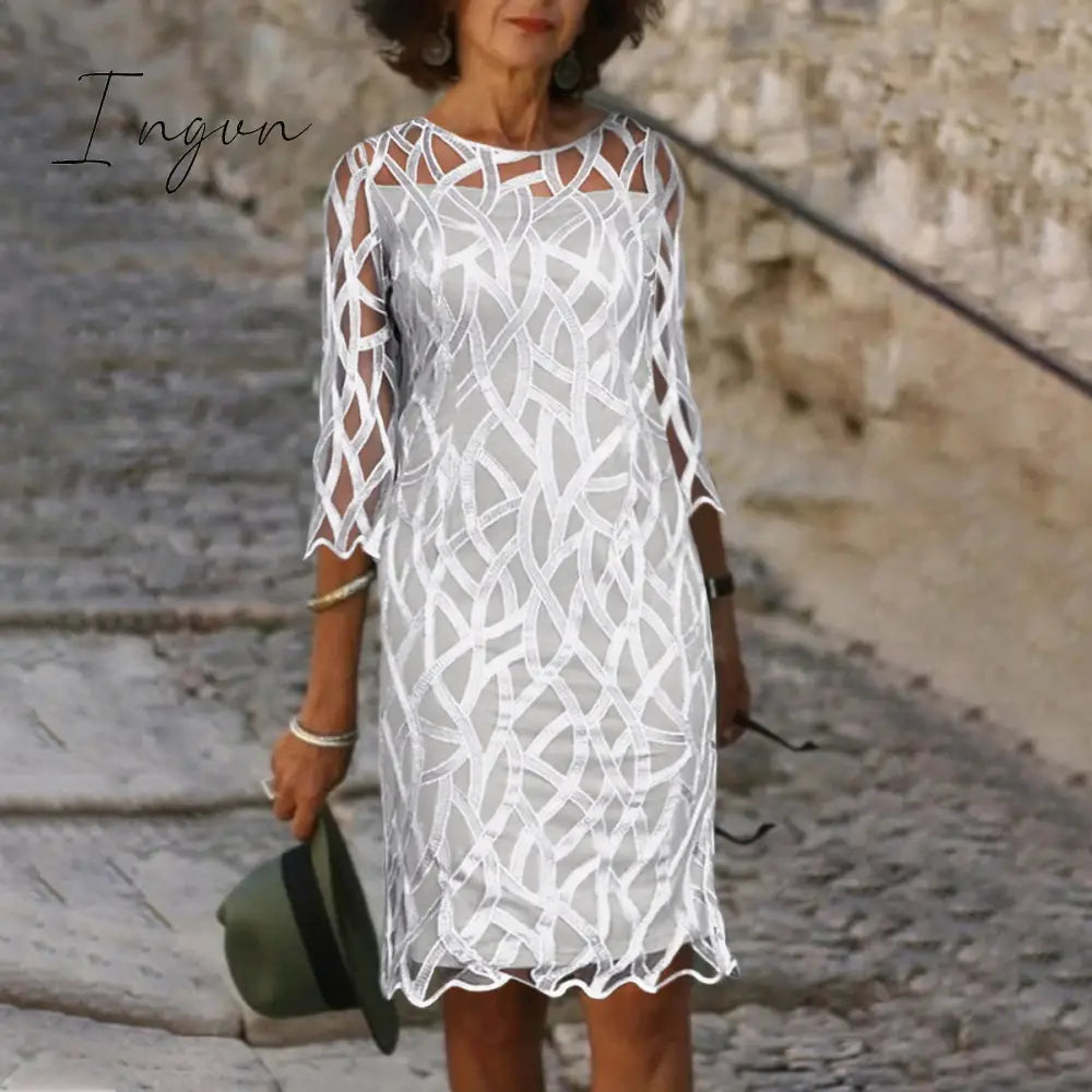 Ingvn - Fashion Trends Embroidered Dress Half Sleeve Casual Dress Sexy See-through Patchwork Lace Party Dress Women Fashion O Neck Loose Pullover Dress