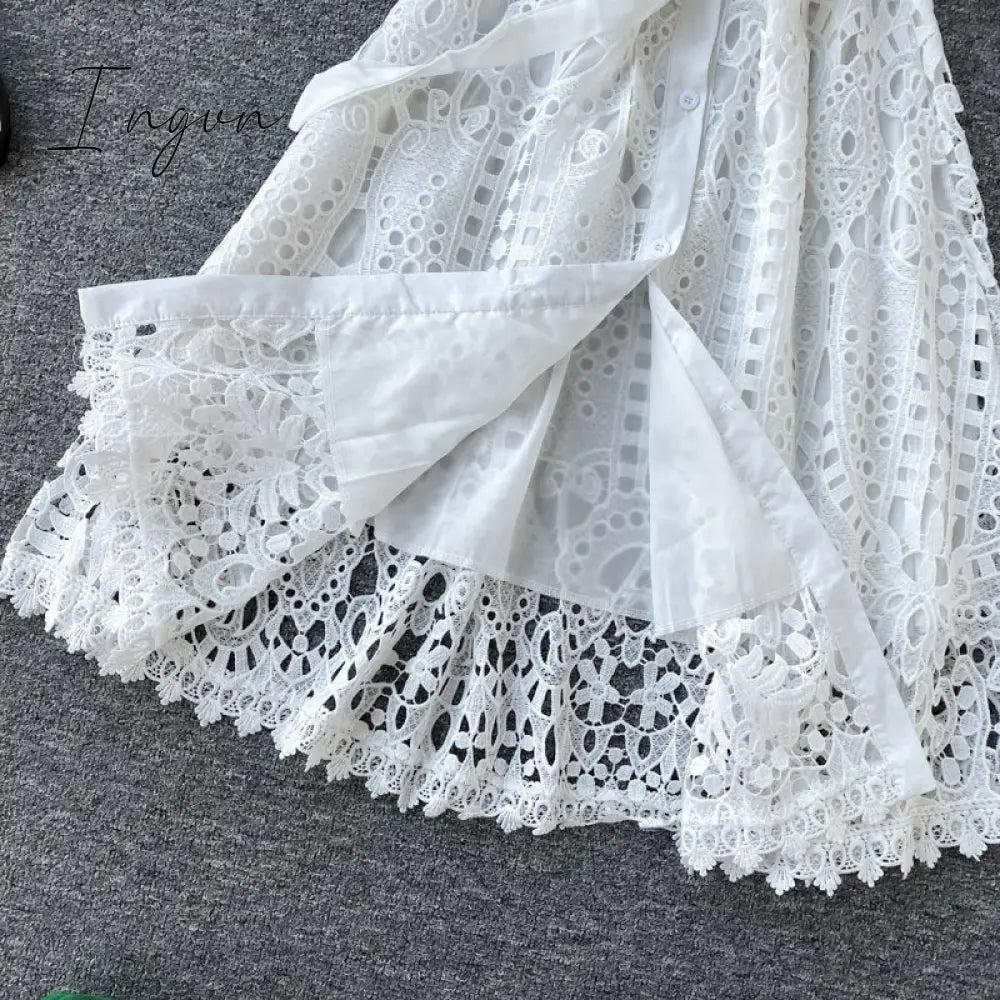 Ingvn - Women Elegant Hollow Out Lace Dress Office Lady Summer Solid O-Neck Button up Sashes Midi Dress Female Chic Short Sleeve Dress