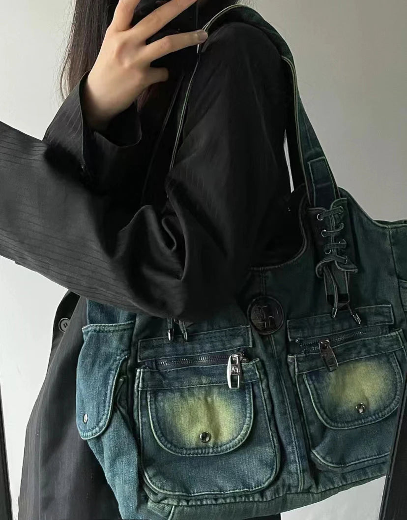 Ingvn  New Spicy Girl Cowboy Bags Single Shoulder Bag Diagonal Strap Large Capacity Bags Shoe Laces Casual Retro Denim Bag Women's Bag