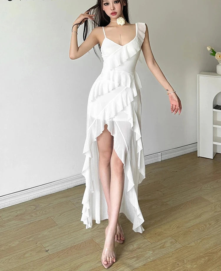 White Sweet Gentle Mature Ruffles Beautiful Summer Street Out Women'S Thin Perspective Tassel Design Long Sling Dress