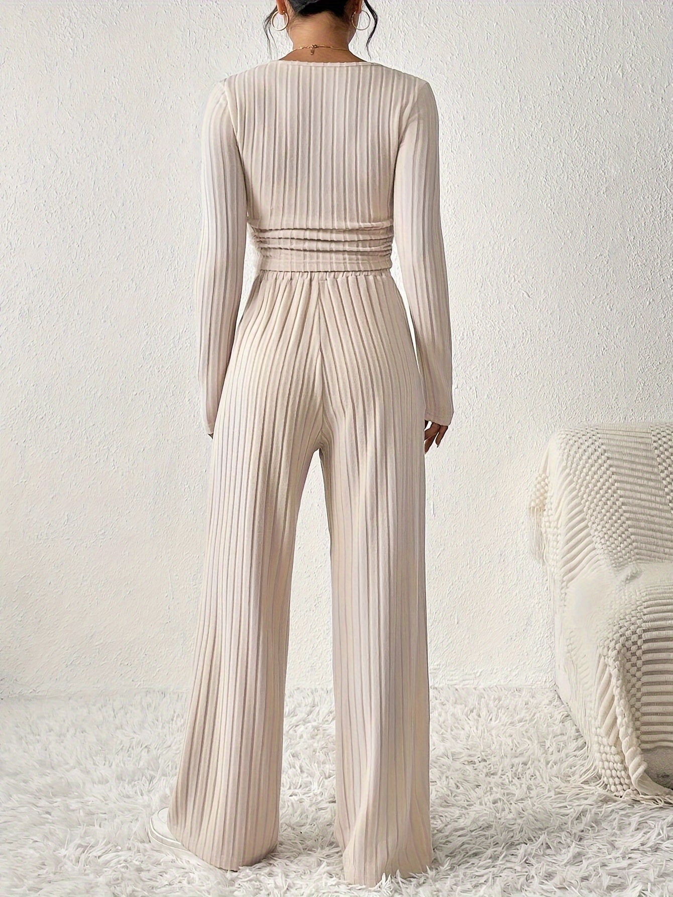 Women'S Fashion Set, Long Sleeve Round Neck Crop Top with Wide Leg Pants, Solid Color, Polyester Knit, Autumn/Winter Collection
