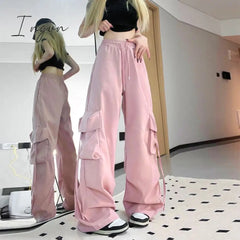 Ingvn - Harajuku Y2k Wide Cargo Pants Women Baggy Hip Hop Style Black Parachute Pants Pink Oversized Joggers Korean Streetwear