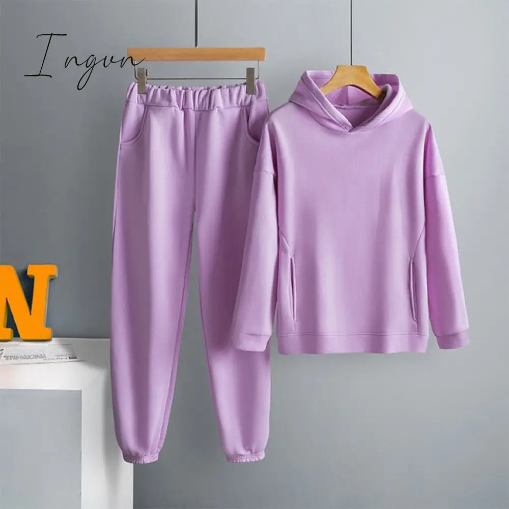 Ingvn - Two Piece Set Casual Fleece Tracksuit Women Winter Women's Sets Oversized Hooded Long Sleeve Hoodie Sport Pants Lady Suit