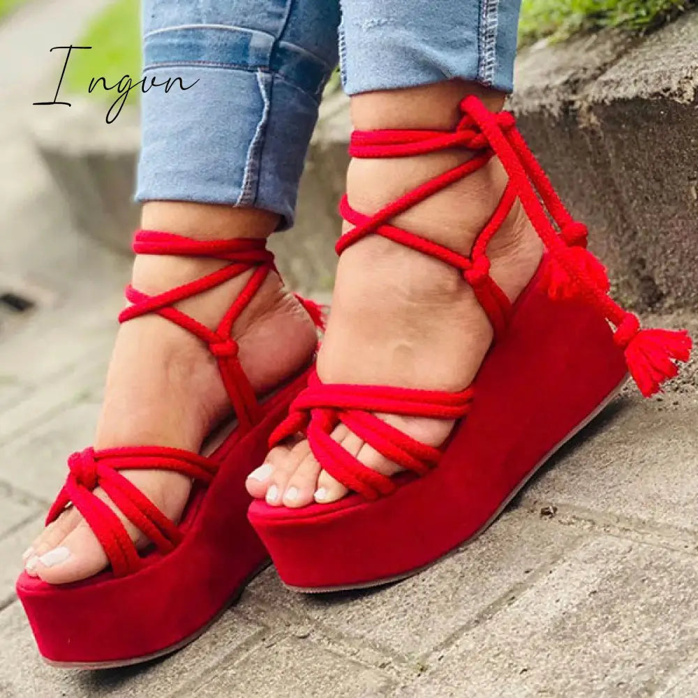 Ingvn - Solid Velvet Ankle Strap Platform Sandals