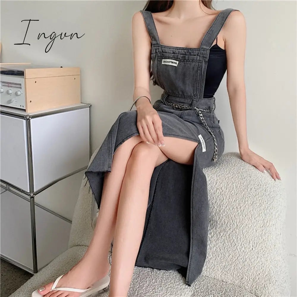 Ingvn - Sleeveless Women Denim Suspender Dress Spring New Midi Skirt Blue Korean Fashion Polo Collar Streetwear Female Braces Slit Dress