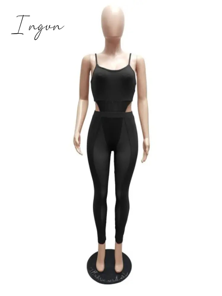 Ingvn - Sexy Mesh Sheer Spliced Two Piece Set Tracksuit Women Bodysuit Pants Summer Clothes Vacation Club Outfits Matching Sets