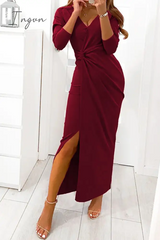 Ingvn - Elegant Solid Slit Fold V Neck Evening Dress Dresses(4 Colors)