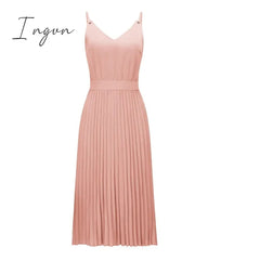 Ingvn - Sexy Women Summer Sexy Dress Spaghetti Strap Dress V-Neck Pink Female Pleated Midi Dress Casual Office Ladies Party Dresses