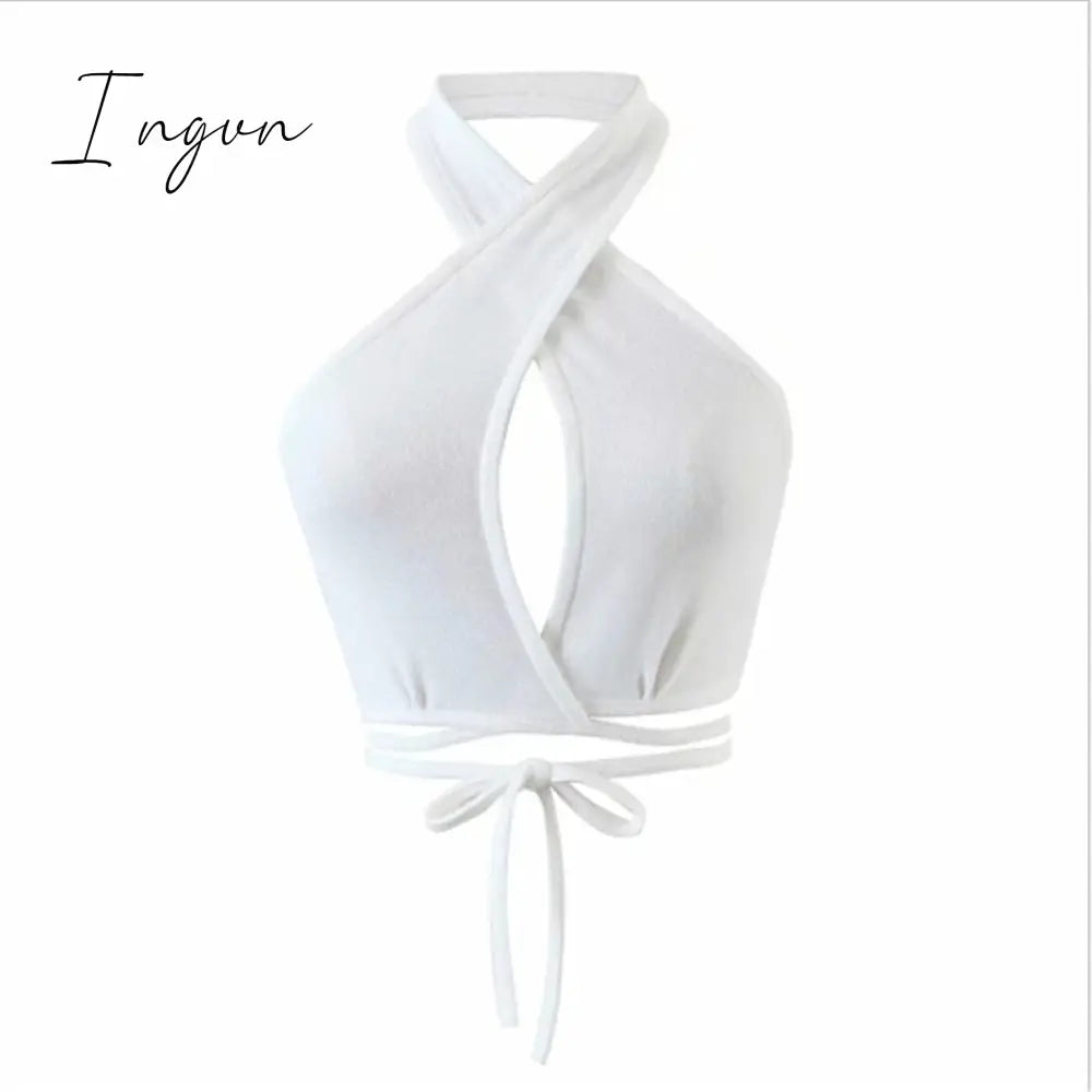 Ingvn - Women Summer Tank Tops Sexy Solid Color Cross Halter Neck Hollow Out Camisole Tie Backless Bandage Cropped Bustier Vest