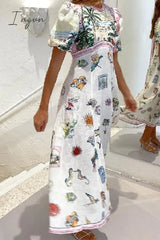 Ingvn - Casual Vintage Cartoon Print Patchwork O Neck A Line Dresses
