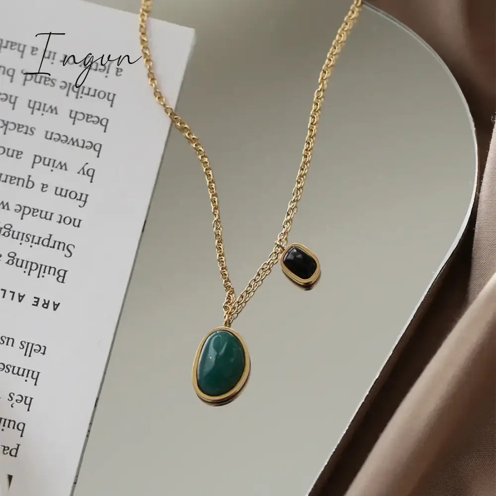 New Fashion Simple Green Black Agate Pendant Necklace for Women Exquisite Stainless Steel Chain Elegant Party Jewelry Gifts
