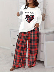 Plus Size Cozy Loungewear Set - Stylish Womens Plaid Heart & Letter Print Long Sleeve Crew Neck Tee and Wide Leg Pants Pajamas Two Piece Set for Casual Relaxation at Home