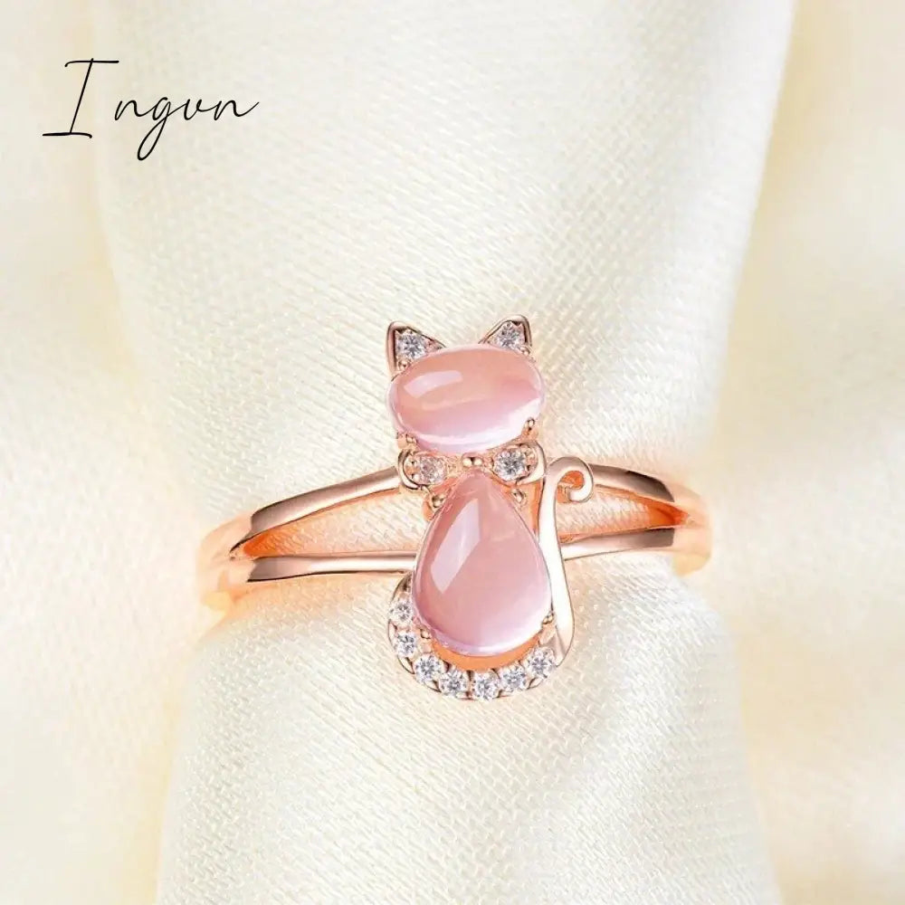 Ingvn - Cute Pink Cat Finger Ring for Women New Lovely Animal Girls Rings Daily Wear Party Fashion Accessories Fancy Gift Jewelry