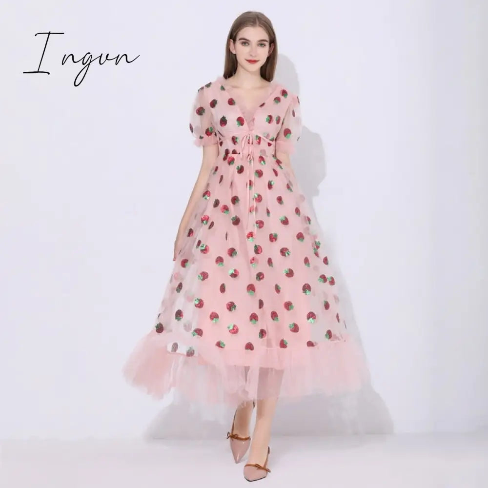 Ingvn - Maxi Dresses For Women Summer Strawberry Dress Plus Size Mesh Robe Sexy Party Club Elegant Female Casual Dresses Vestidos