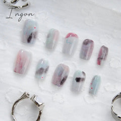 10PCS Chinese Style Fake Nails with Glue Sfumato Ink Long Nails Set Press on Acrylic Stick on False Nails Art