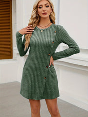 Fall 2024 Women's Sweater Dresses Fashion Buttoned Side Tunic Dresses Long Sleeved Round Neck Mini Slip Skirts with Pockets Dress Fall 2024 Women's Clothing
