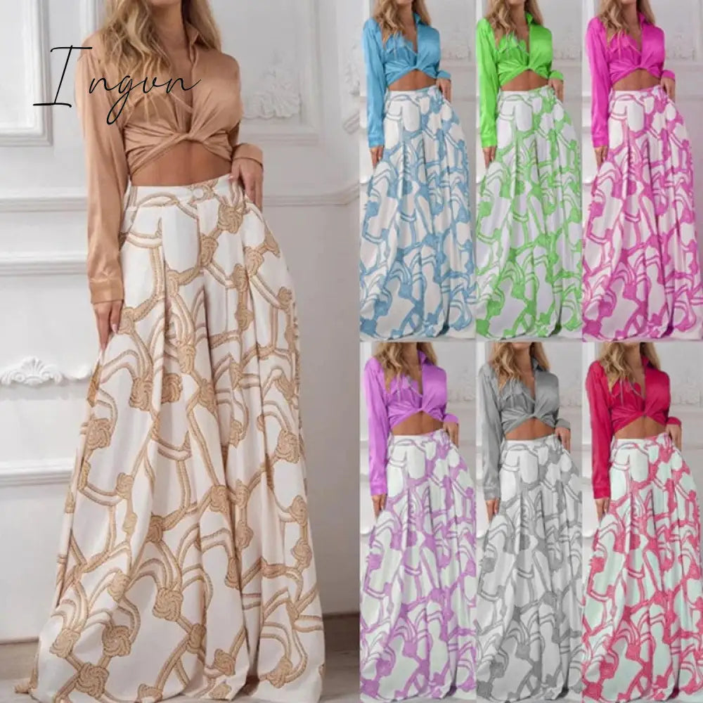 Ingvn - 2023 Fashion Summer Autumn Two Piece Sets Womens Fashion Sexy Mid Sleeve Shirt Elgant Floral Print Wide Leg Pant Suit Casual 2pcs Set Women