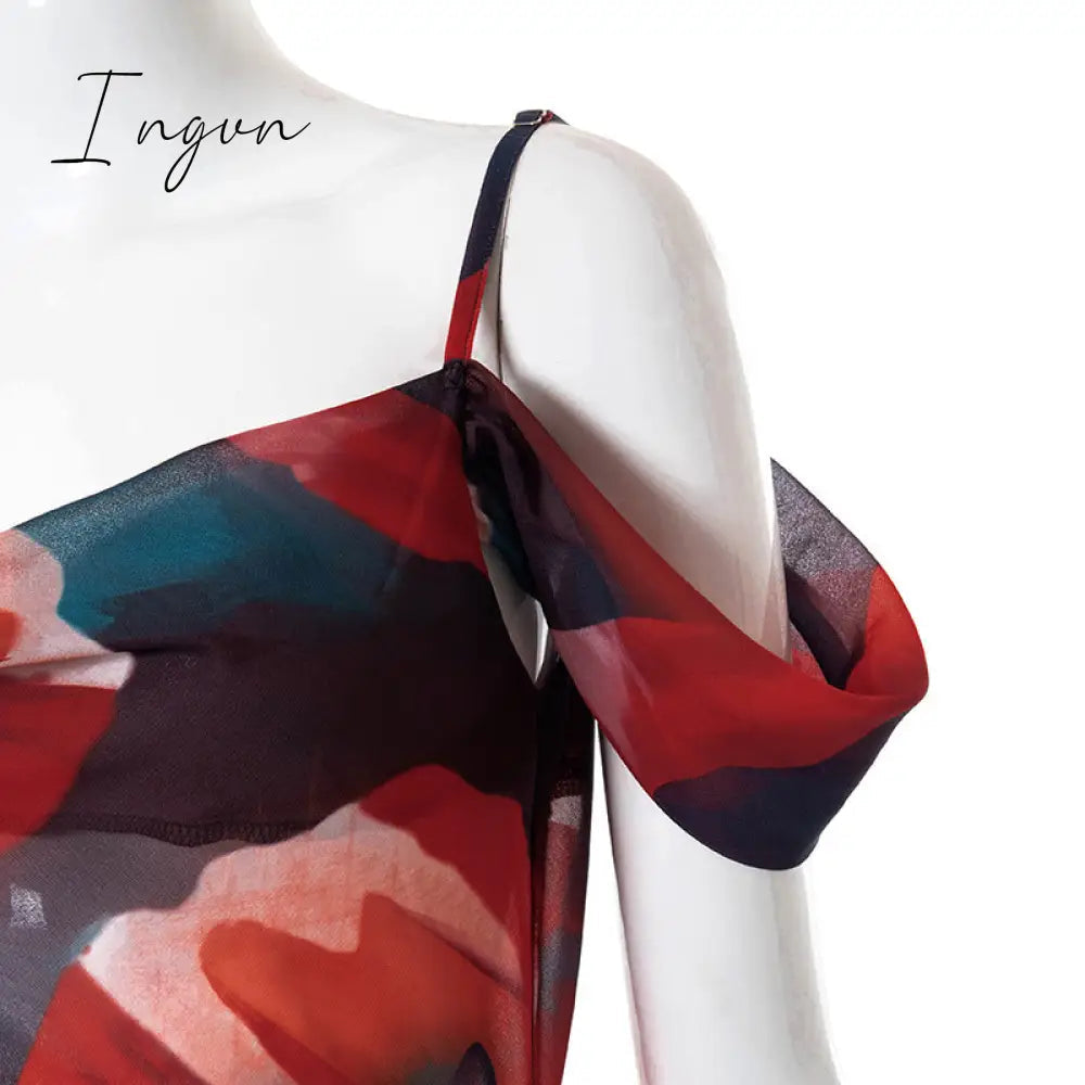 Ingvn - Outfits Summer New Beach Vacation Bohemian Fashion Shoulder Straps Sleeveless High Waist One Shoulder Temperament Elegant Long Dress