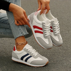 Women's Fashion Sneakers - Breathable & Lightweight, Lace-Up Casual Sneakers with Red & Blue Stripes, Comfortable Soft Sole