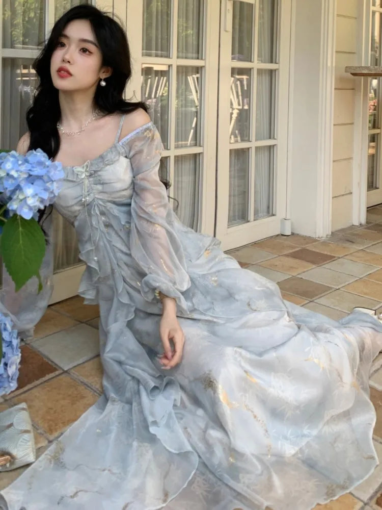 Autumn French Print Fairy Long Dresses for Women Elegant Off Shoulder Ruffles A-Line Birthday Party Dress One Piece Vestidos New