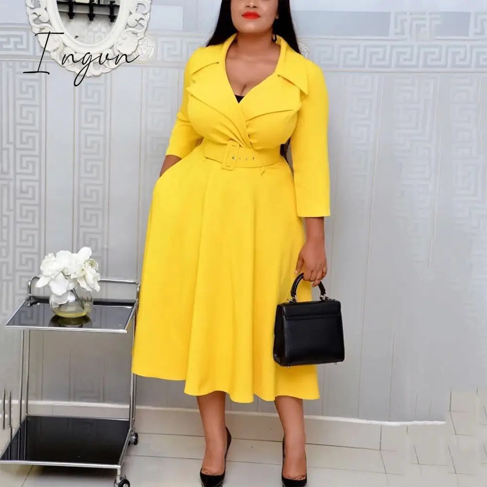 Ingvn - African Fashion Women Dresses Office Style High Waist A Line Yellow Mid Calf Elegant Business Work Wear Clothes Dress Midi New