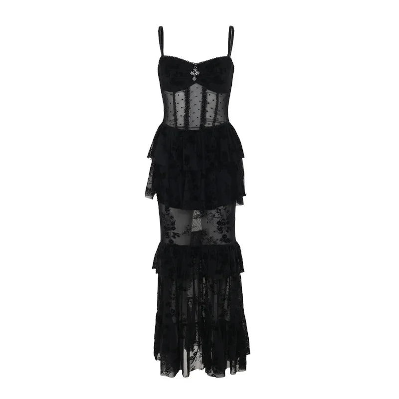 Gothic Dress Autumn New Sexy Long Dress Halloween Dark Style Elegant Mesh Strap Dress for Women
