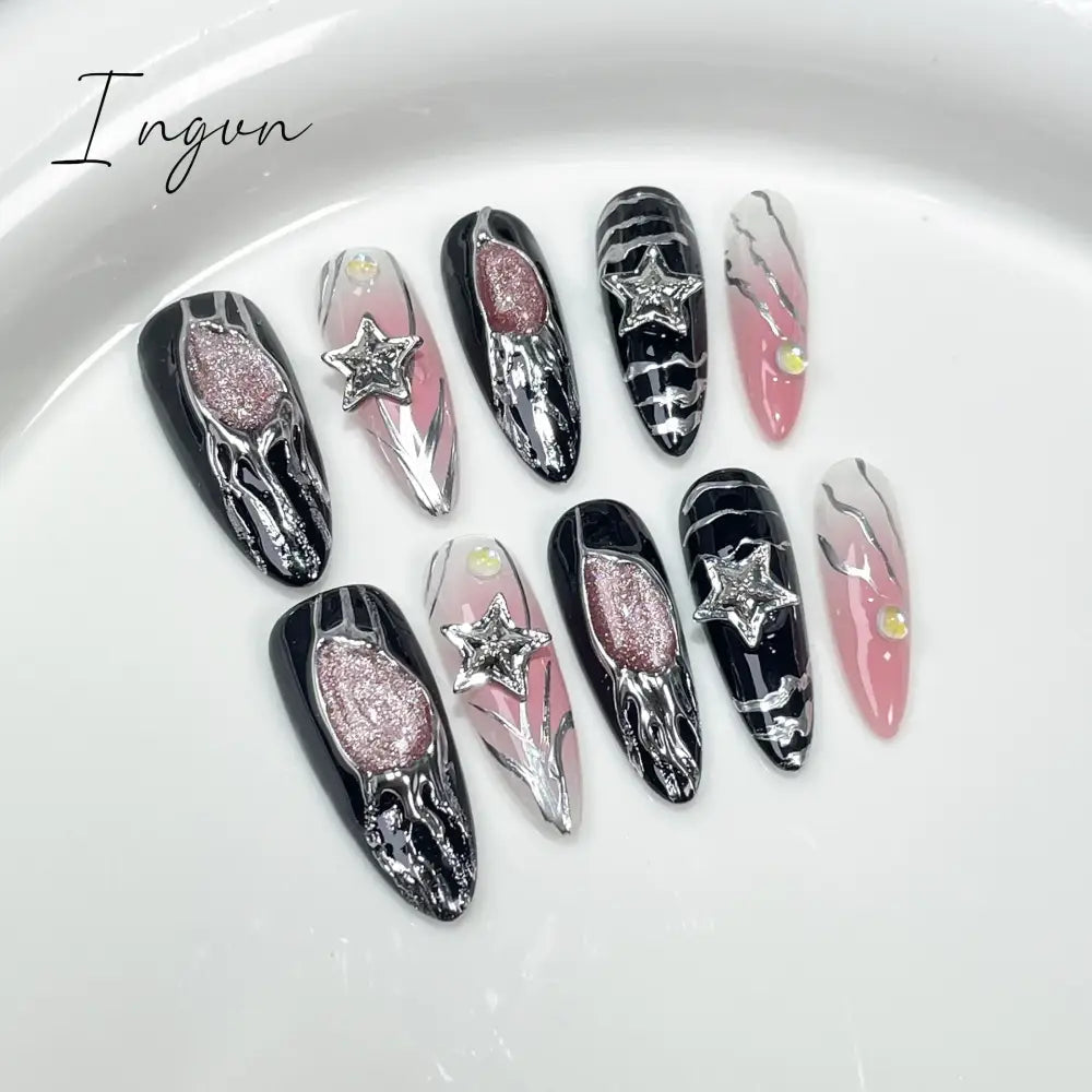 10Pcs Black Handmade Press On Nails Coffin Fake Nails Full Cover Gradient Metal Contrast Artificial Manicure Wearable Nail Tips